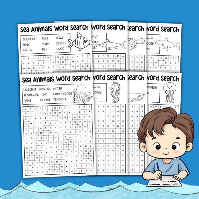 Free Sea Animals Word Search Worksheets for Kids